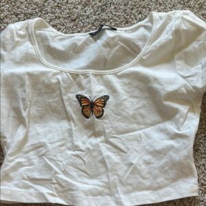 White Butterfly Embroidered Crop Top
